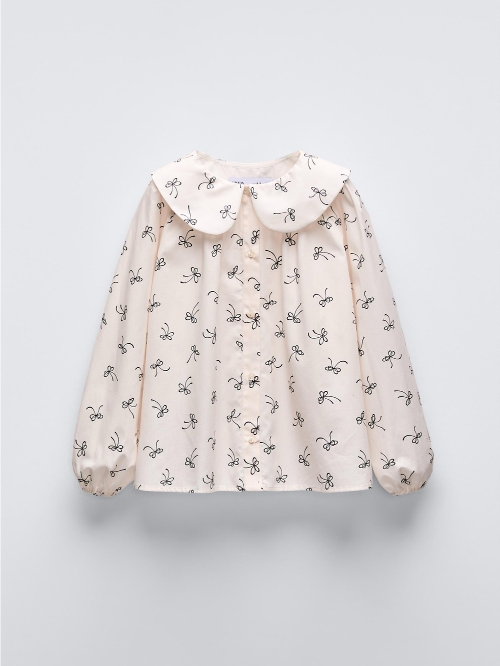 Zara Girl’s Ivory Cream Blouse Black Bow Print and Peter Pan Collar Button Up